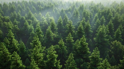 Lush Green Pine Forest in Mist, Ideal for Nature Backdrops