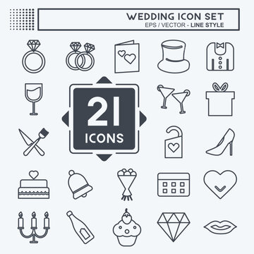 Wedding Icon Set in trendy line style isolated on soft blue background