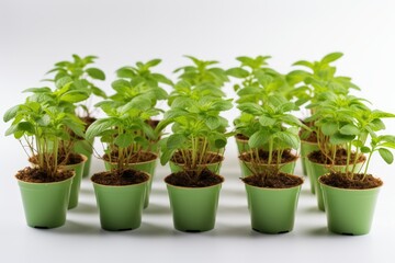 Seedlings of different aromatic herbs in paper cups with name labels on light grey marble table