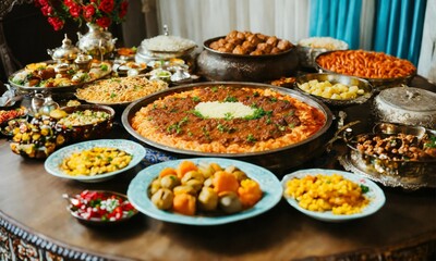 Naklejka premium A Large Table with Kazakh Food