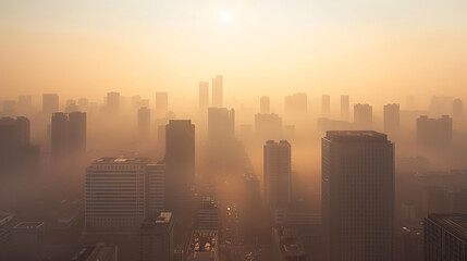 Air pollution in the city. Smog city from PM 2.5 dust, Cityscape of buildings with bad weather, Unhealthy air pollution dust. Generative AI illustration