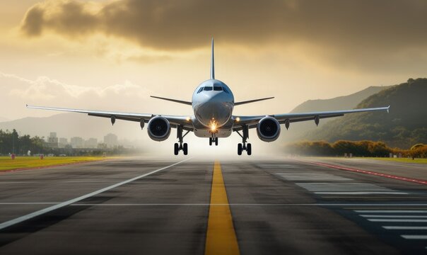 Aircraft touching down on the runway
