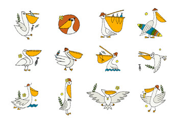 Funny pelican characters. Icons set isolated on white for your design
