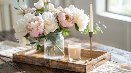 A vase of flowers and a candle on a table