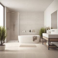 Fototapeta na wymiar Modern bathroom interior with bathtub, plants, and large windows.