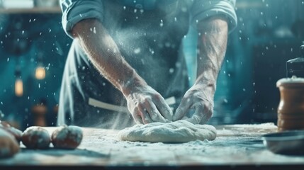 A person vigorously kneading dough on a floured wooden surface on top of a table - obrazy, fototapety, plakaty