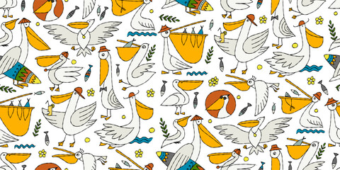 Pelicans family. Funny characters. Seamless pattern background for your design - 763802744