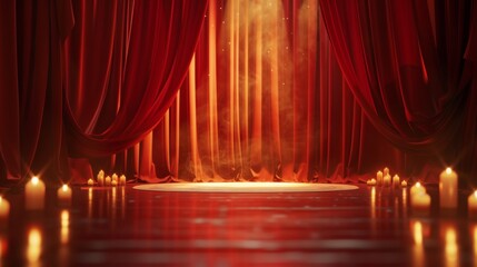 A stage with red curtains and lit candles