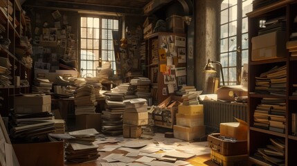 A room filled with lots of boxes and papers - obrazy, fototapety, plakaty