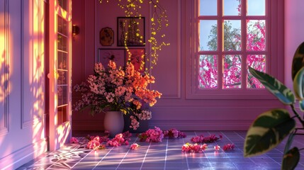A room with a vase of flowers on the floor