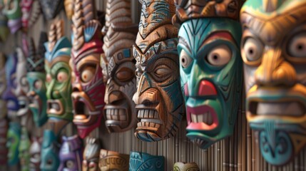 A bunch of wooden tiki masks hanging on a wall