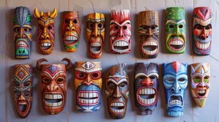 A bunch of colorful wooden masks hanging on a wall