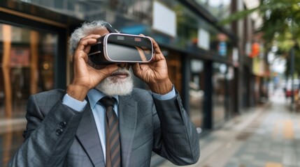 An elderly African-American businessman in formal wear is in a moment of virtual reality