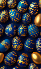 Assorted blue and golden decorative Easter eggs with intricate patterns on a navy background, symbolizing festive creativity and springtime.