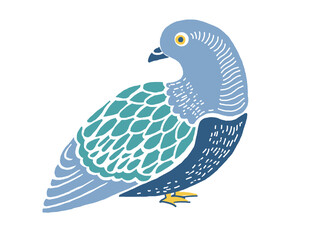 Illustration of a pigeon bird isolated on a white background. Stylized in printmaking style. Profile. The body is turned to the right side, the head is turned back to the left. Blue, orange colors.
