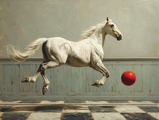 A white horse is running and jumping over a red ball - obrazy, fototapety, plakaty