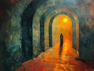 A painting of a man walking through a tunnel with a sun in the background