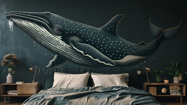 fish wall paper behind sofa in bed room