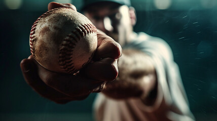 .A close-up shot of a baseball pitcher throwing a powerful fastball