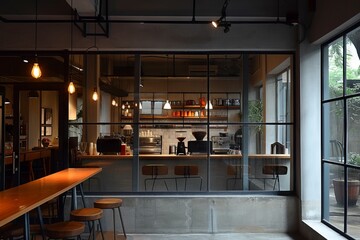 Interior modern cafe design with bar and chairs