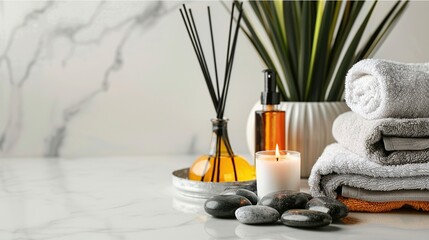 spa equipment with flower candles and towels on the table