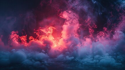 Fototapeta premium Red and blue smoke, steam swirling against a dark, muted background. 