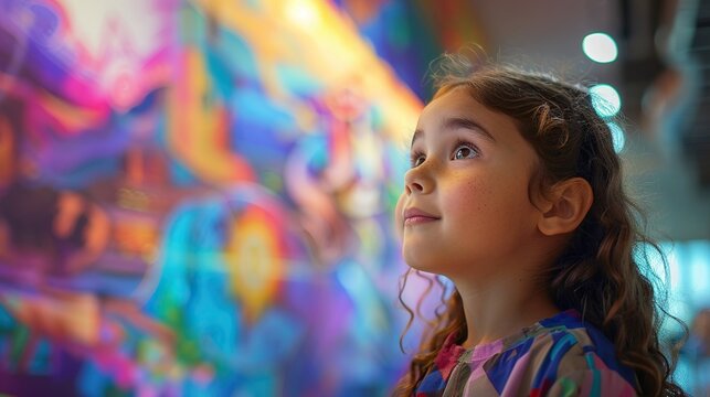 A young girl with a curious expression stands confidently in front of a colorful mural, depicting scenes of knowledge and empowerment The image is rendered in a vibrant, painterly style