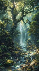 Fototapeta na wymiar Amidst lush greenery and flowing rivers, a community of fantastical creatures peacefully coexists in a tranquil forest The camera angle is set low, capturing the scene from a creatures perspective