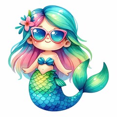 cute summer mermaid wear sunglass. watercolor illustration, Perfect for nursery art, concept kids print, hand drawn, vector illustration, greeting and invitation cards. © JR BEE