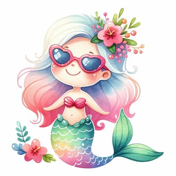 cute summer mermaid wear sunglass. watercolor illustration, Perfect for nursery art, concept kids print, hand drawn, vector illustration, greeting and invitation cards.