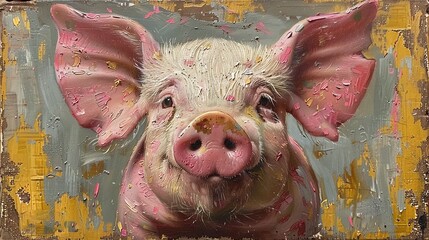 A painting of a pig with pink ears and a pink nose