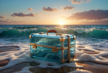 transparent suitcase on the sandy seashore at sunset. vacation and travel concept