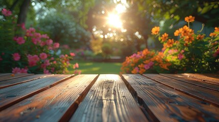 Naklejka na ściany i meble Wooden deck leading to a vibrant garden bathed in sunlight with colorful flowers in bloom.