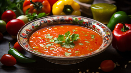 A plate of Spanish gazpacho with tomatoes peppers