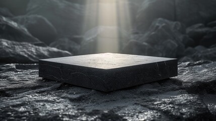 Abstract view of a black marble platform bathed in a natural sunlight beam in a rocky landscape.