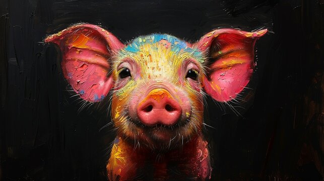 A pig with a pink nose and colorful paint on its face