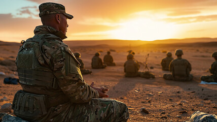 .A photograph of a military chaplain conducting a field service for troops in a desert environment - obrazy, fototapety, plakaty