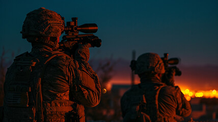 .A photograph of a military reconnaissance team conducting a night vision operation in an urban environment