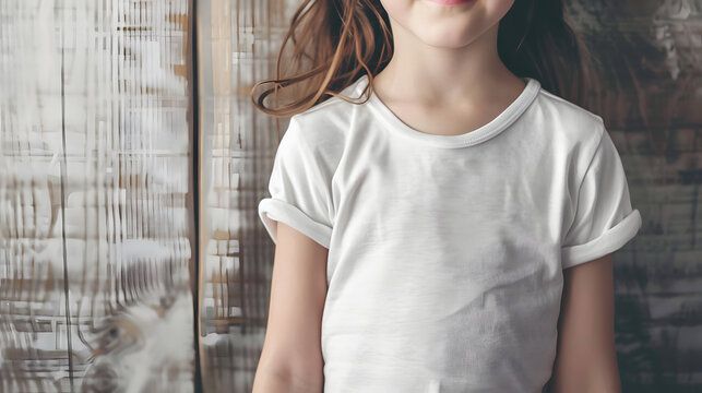 mockup featuring a child wearing a white shirt, showcasing its versatility for various designs and styles. no face, wooden background