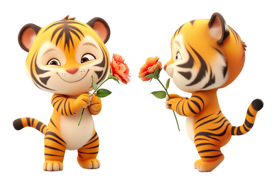 The cartoon tiger baby stands smiling happily with a flower in his hand In one's clothes, white background PNG