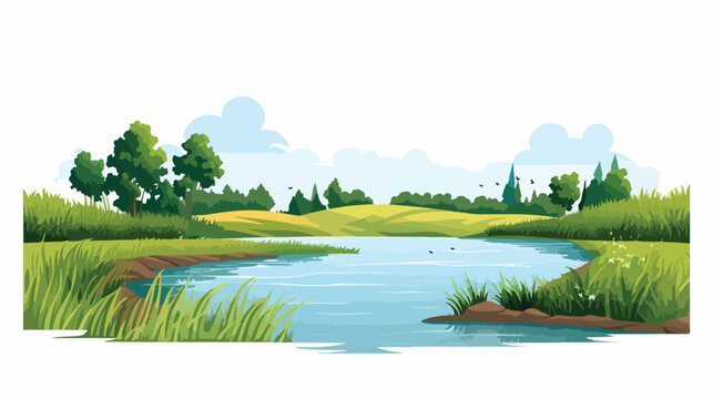 Rendered illustration of grass field and water lands