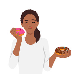 Woman eats high calorie buns covered with sugar icing enjoying donuts from fast food. Flat vector illustration isolated on white background