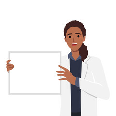Doctor holding blank board in his hands. Doctor female personage presenting sign. Flat vector illustration isolated on white background