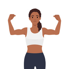Beautiful strong powerful woman showing her muscles. Flat vector illustration isolated on white background