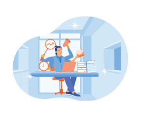 Manager working in front of the laptop. Complete multiple jobs at the same time. Multitasking concept. Flat vector illustration.