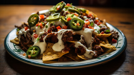 A plate of TexMex nachos with melted cheese jalapenos