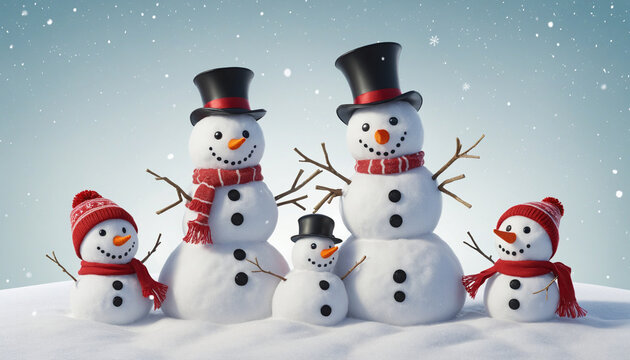 a snowman family building a snow-woman isolated on a transparent background colorful background