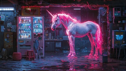 A pink unicorn stands in front of a vending machine