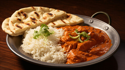A plate of traditional Indian curry with rice and naan