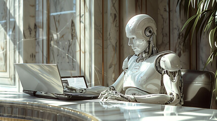 Robots work in the office, ai customer service, artificial intelligence, future robots replace humans,robots using computer laptop
